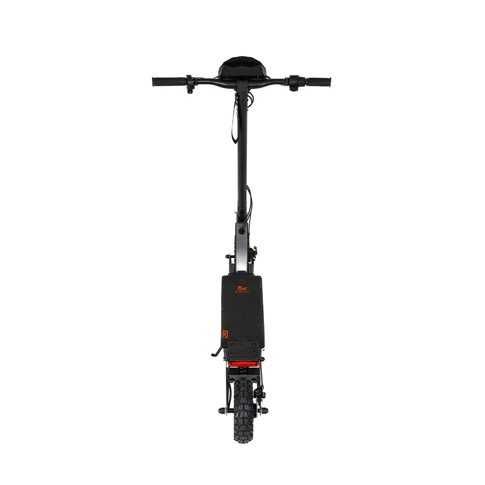 Front view of a KuKirin G2 800W with a slim, vertical frame in black and wide handlebars. The deck features a textured pattern, and the rear wheel includes off-road vacuum tires for better grip, set against a white background.