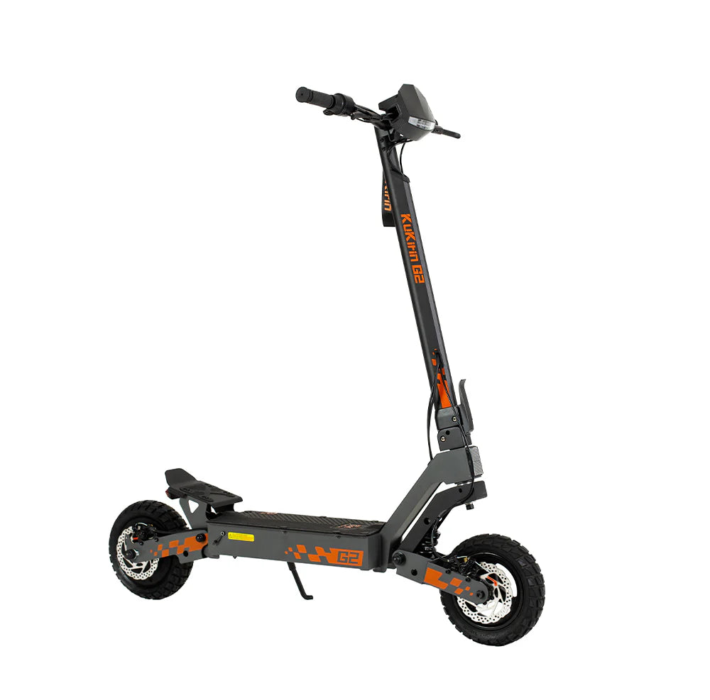 The KuKirin G2 800W features a striking black and orange color scheme, strong performance with a sturdy frame, and off-road vacuum tires. Its wide deck and handlebars with a display unit enhance its rugged design for exceptional off-road capability.