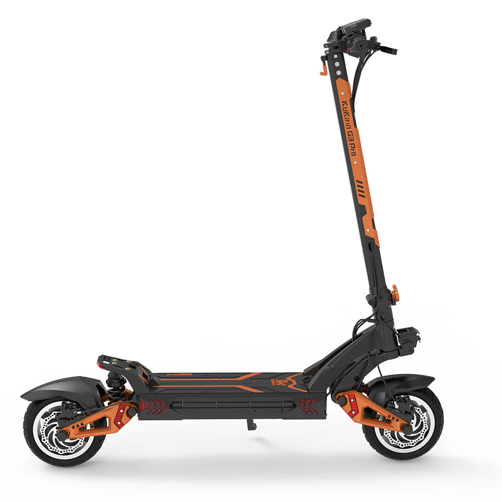 The KuKirin G3 PRO 2x 1200W electric scooter, featuring a sleek black and orange design with sturdy wheels and a tall handlebar, boasts a top speed of 65 km/h. Its photographed against a white background, highlighting its modern and robust build.