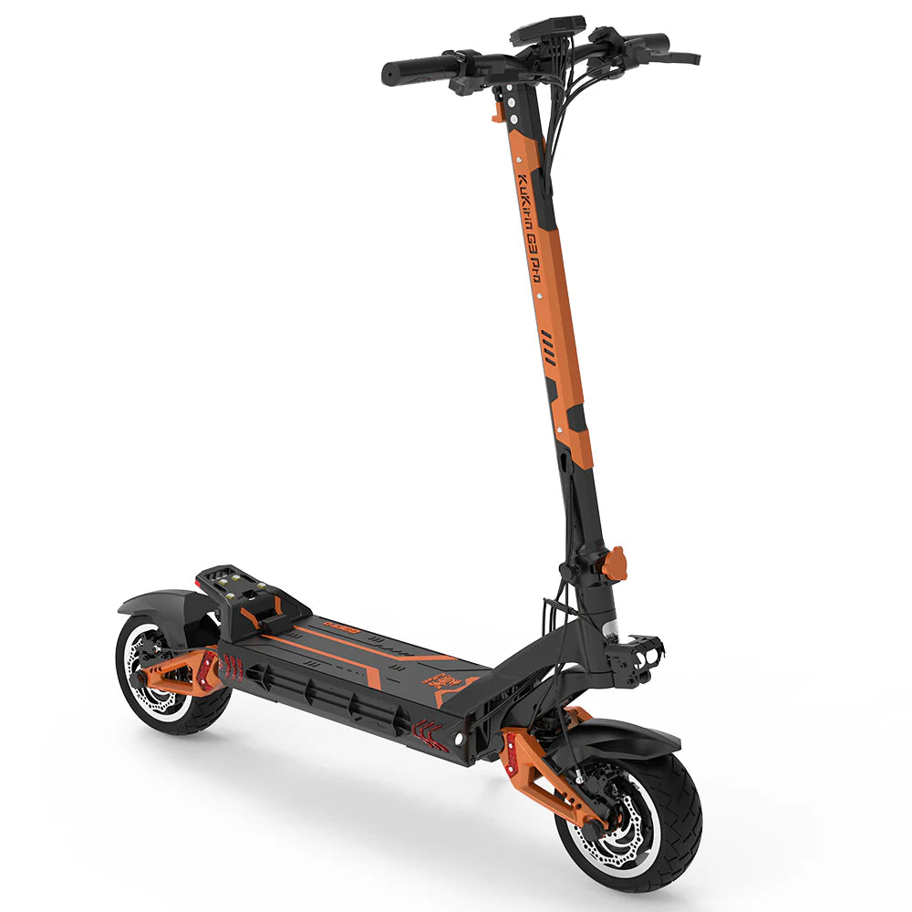 The KuKirin G3 PRO 2x 1200W electric scooter features a sturdy orange and black design, two wheels with disc brakes, and handlebar controls. It reaches up to 65 km/h with a broad deck for stability, powered by a reliable 52V 23Ah lithium battery against a white backdrop.