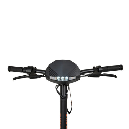 Close-up of the KuKirin G2 800W handlebar showcasing a black dashboard with integrated LED lights. Textured grips and brake levers adorn both sides, while its sleek, dark neck is designed for powerful performance.